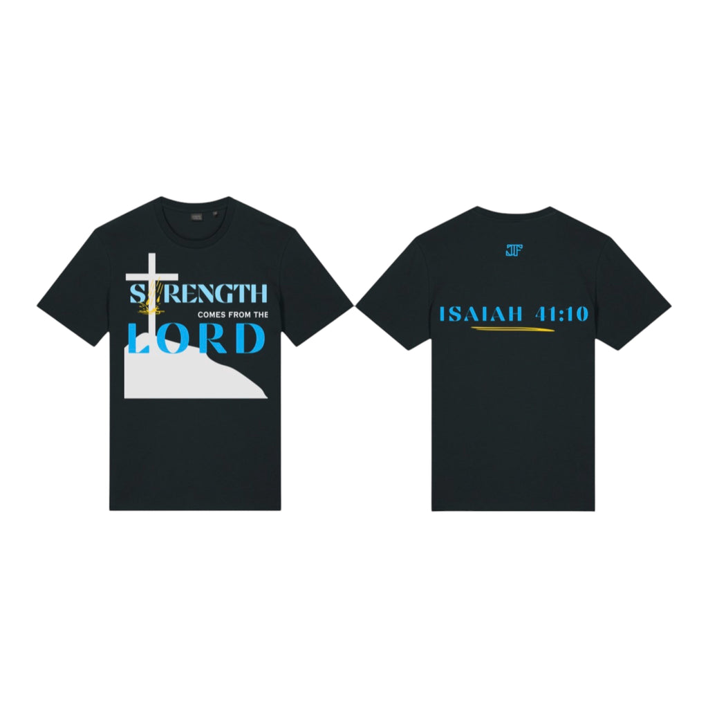 Strength Comes From The Lord Christian T-Shirt Blue Design