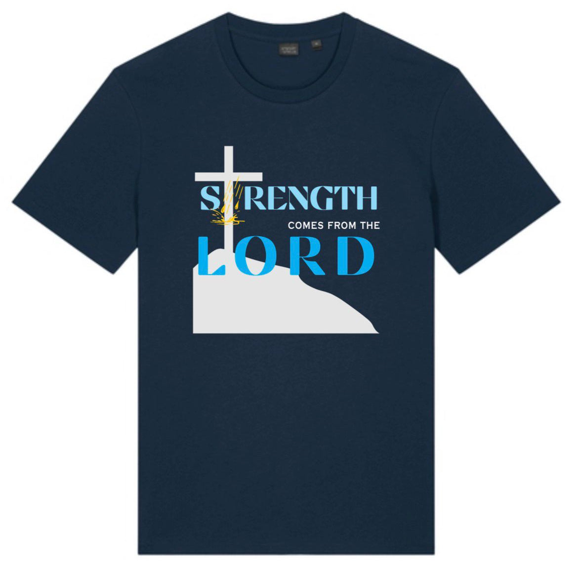 Strength Comes From The Lord Christian T-Shirt Blue Design