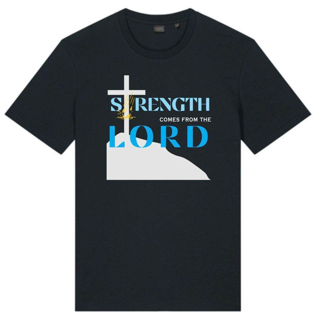 Strength Comes From The Lord Christian T-Shirt Blue Design