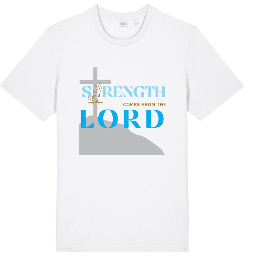 Strength Comes From The Lord Christian T-Shirt Blue Design